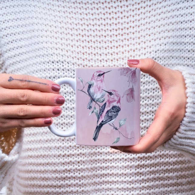 Vögel & Rosa Florals in Wasserfarbe Kaffeetasse (Von Creator hochgeladen)