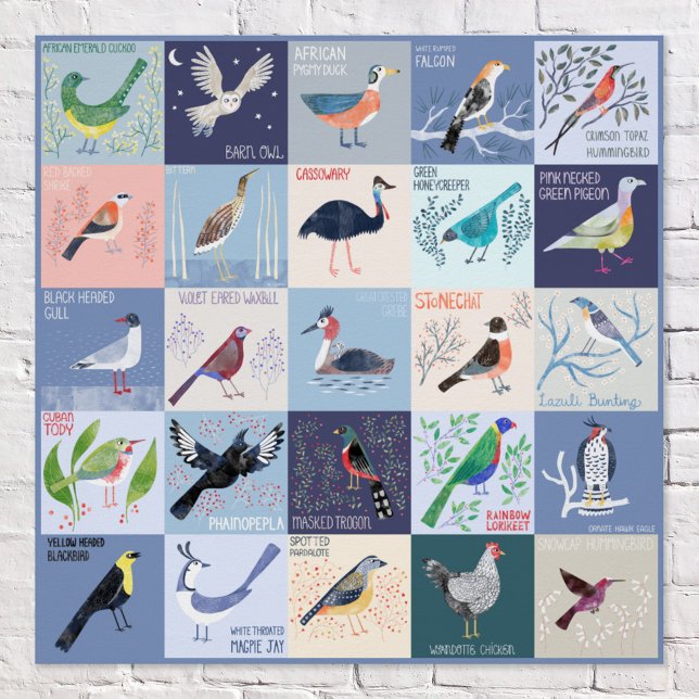 Vögel rund um die Welt Wasserfarben Kunst Poster (Birds Around the World fun and quirky watercolor bird art with hand lettered names poster)