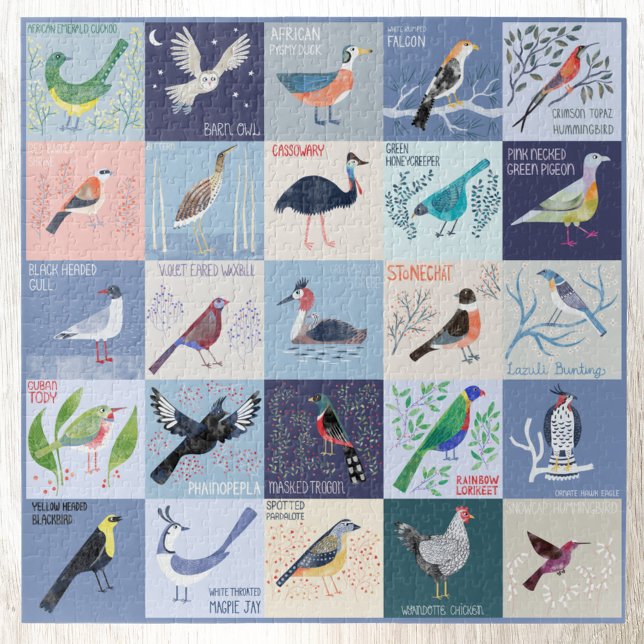 Vögel rund um die Welt Wasserfarben Kunst Puzzle (Birds Around the World fun watercolor art jigsaw puzzle by Nic Squirrell)