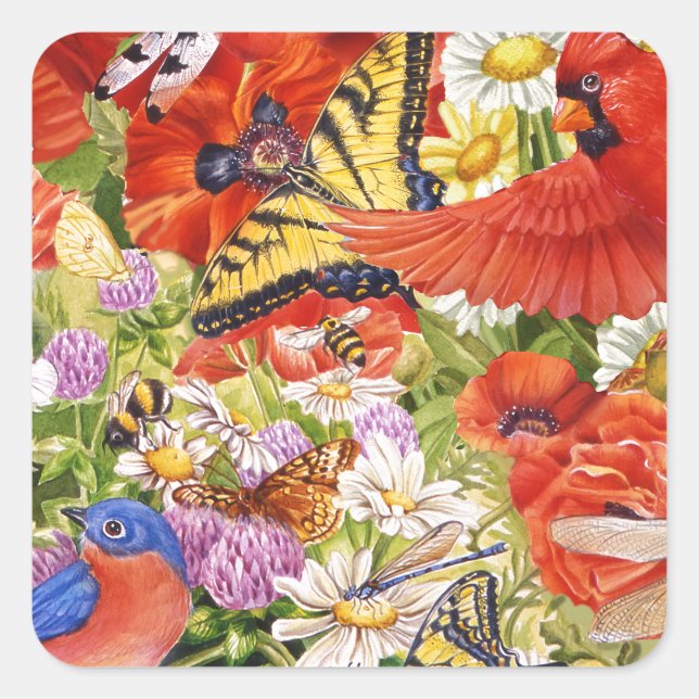 Vögel, Schmetterlinge und Bienenaufkleber Quadratischer Aufkleber (Vorderseite)