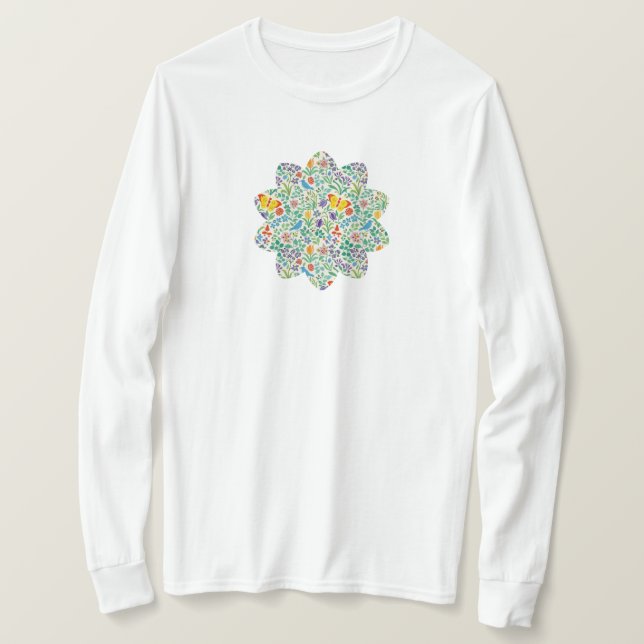 Vögel, Schmetterlinge & Wildblumen-Muster T-Shirt (Design vorne)