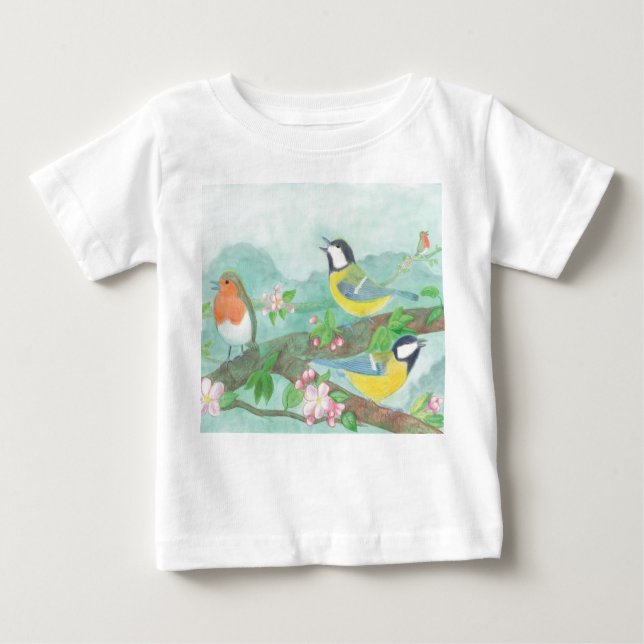 Vögel singen auf einem blühenden Baumzweig Baby T-shirt (Vorderseite)