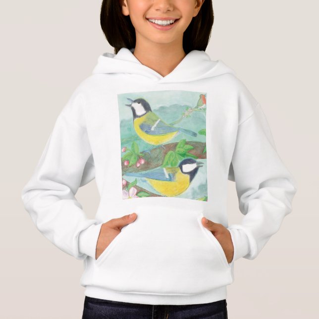 Vögel singen auf einem blühenden Baumzweig Hoodie (Vorderseite)