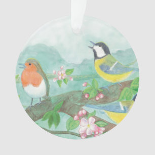 Vögel singen auf einem blühenden Zweigglas Ornament