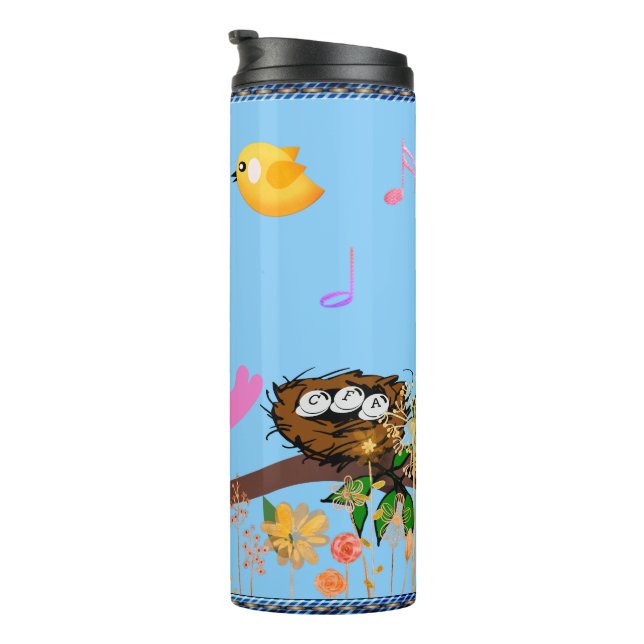 Vögel singen Spaß (m. Initialen) Thermosbecher (Nach rechts gedreht)