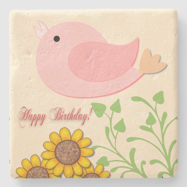 Vögel & Sonnenblumen Geburtstag Steinuntersetzer (Vorderseite)