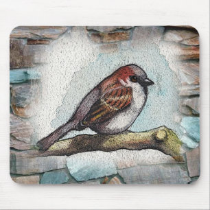 Vogel, Spatz: Aquarell-Malerei, Kunst Mousepad