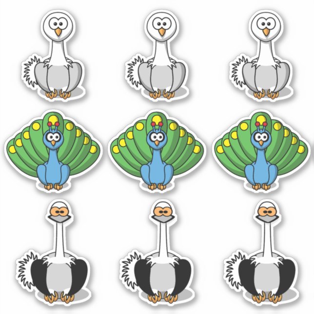 Vogel Swan, Peacock, StraußenCartoon Aufkleber (Vorderseite)