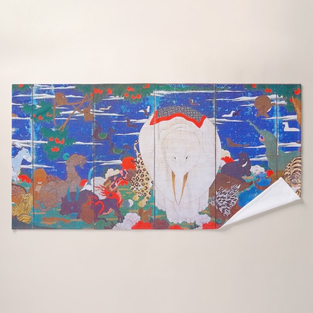 Vögel, Tiere und blühende Pflanze(rechts)Jakuchu Badehandtuch (Badehandtuch)