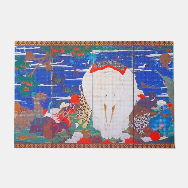 Vögel, Tiere und blühende Pflanze (rechts) Jakuchū Fußmatte (Vorderseite)