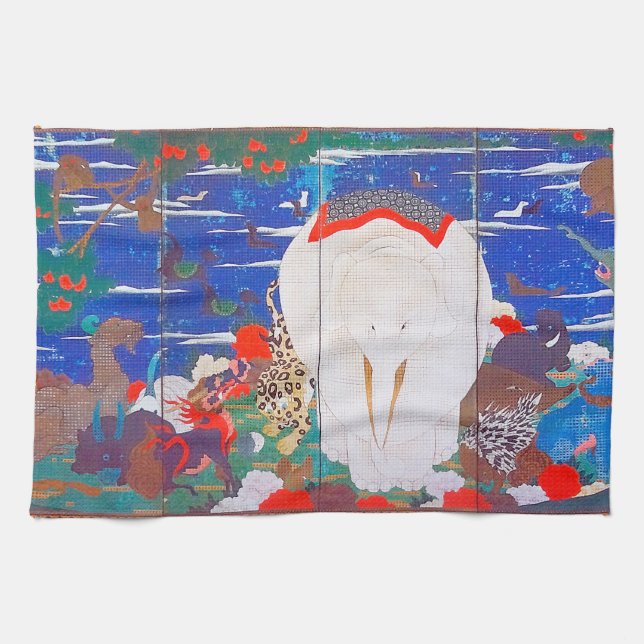 Vögel, Tiere und blühende Pflanze(rechts)Jakuchu Geschirrtuch (Horizontal)