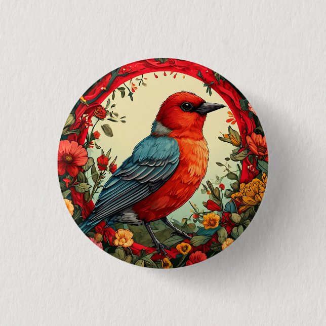 Vogel, umrahmt von lebendigen Blumen Button (Vorderseite)