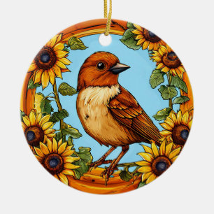 Vogel, umrahmt von lebendigen Blumen Keramik Ornament