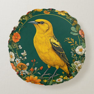 Vogel, umrahmt von lebendigen Blumen Rundes Kissen