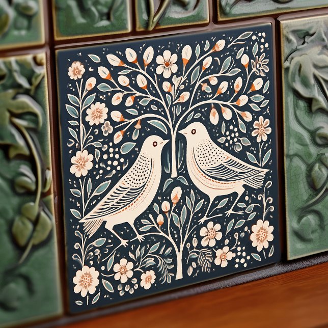 Vögel und Baum des Lebens Blauer Orange Jugendstil Fliese (Von Creator hochgeladen)