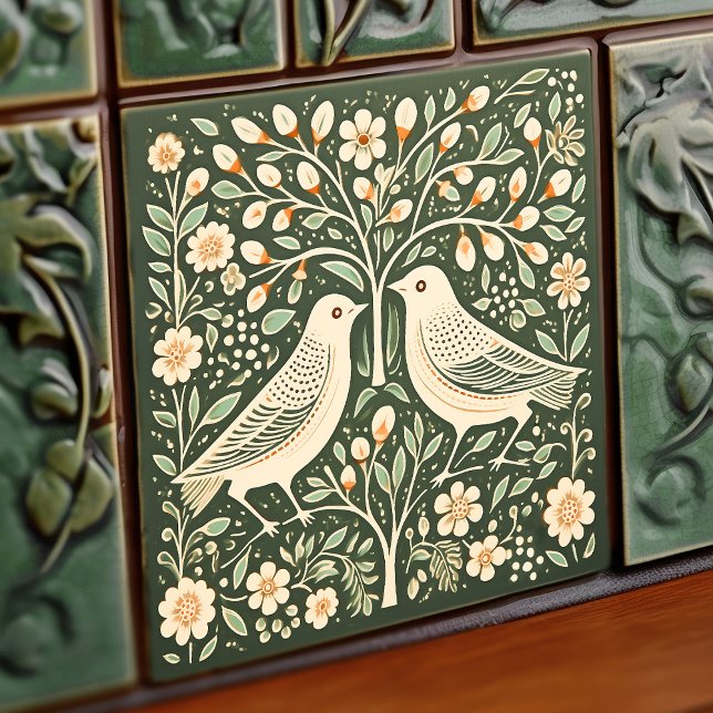 Vögel und Baum des Lebens Grüne Jugendstil Fliese (Von Creator hochgeladen)