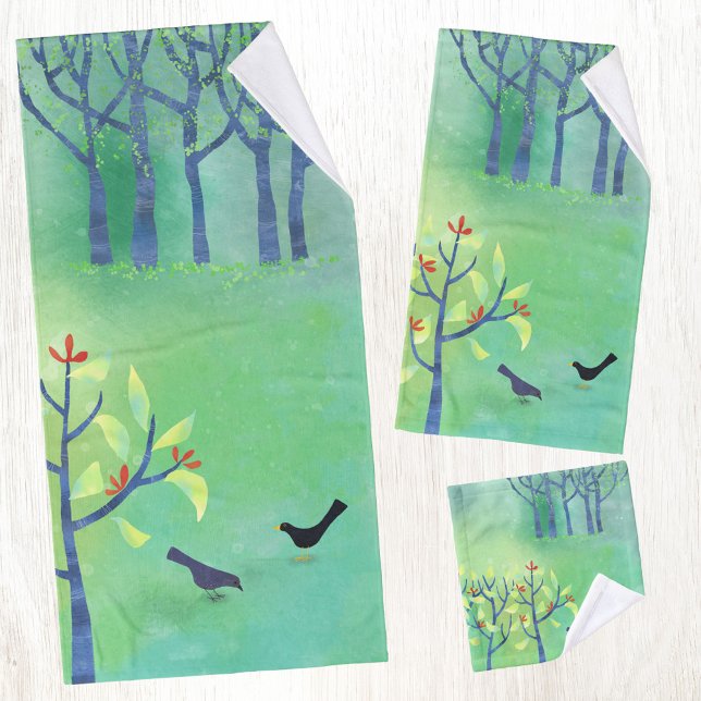 Vögel und Bäume Landschaftskunst Badhandtuch Set (Modern bird and forest landscape art towel set with original art by Nic Squirrell. )