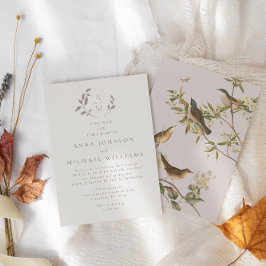 Vögel und Blätter - romantisches Beige | Rosa Hoch Einladung