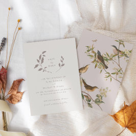 Vögel und Blätter, rosa | beige Save the Date Einladung