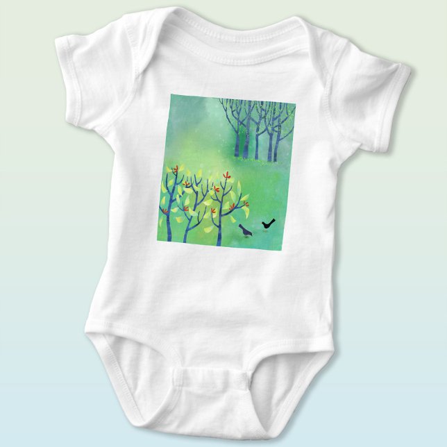 Vögel und Blossom Landschaftskunst Baby Strampler (Modern landscape with birds and blossom baby bodysuit)