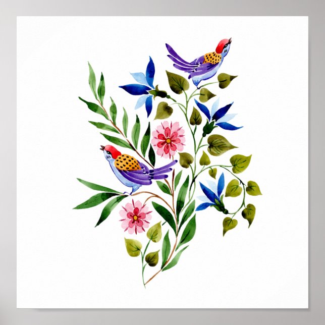Vögel und Blume Aquarellmalerei Poster (Vorne)