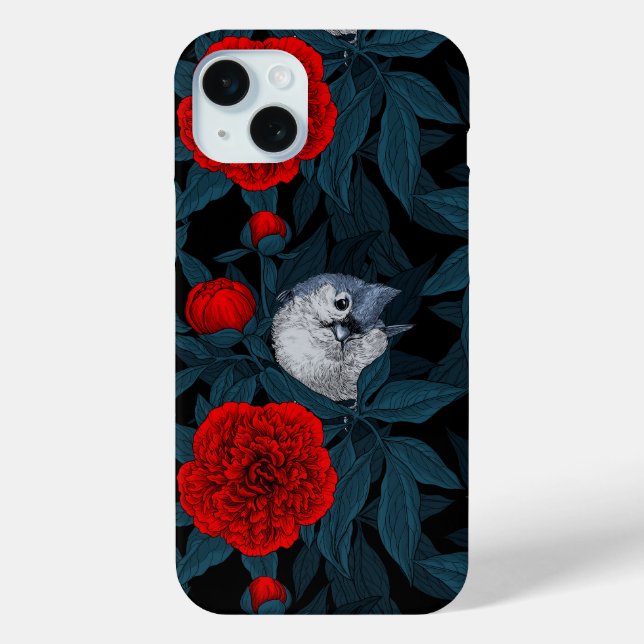 Vögel und Blume aus Roter Pest mit blauen Blätter Case-Mate iPhone Hülle (Rückseite)