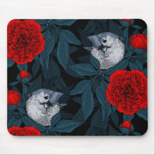 Vögel und Blume aus Roter Pest mit blauen Blätter Mousepad