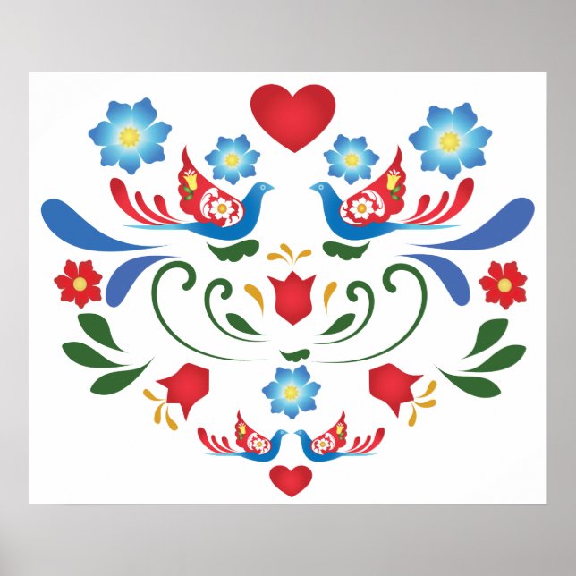 Vögel und Blume Folk Art Design Poster (Vorne)