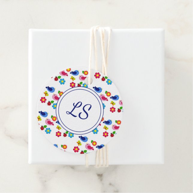 Vögel und Blume Frühjahrsmuster weiß Geschenkanhänger (Beispiel)