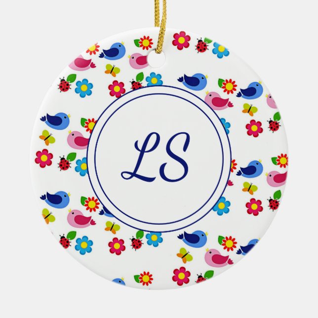 Vögel und Blume Frühjahrsmuster weiß Keramik Ornament (Vorne)