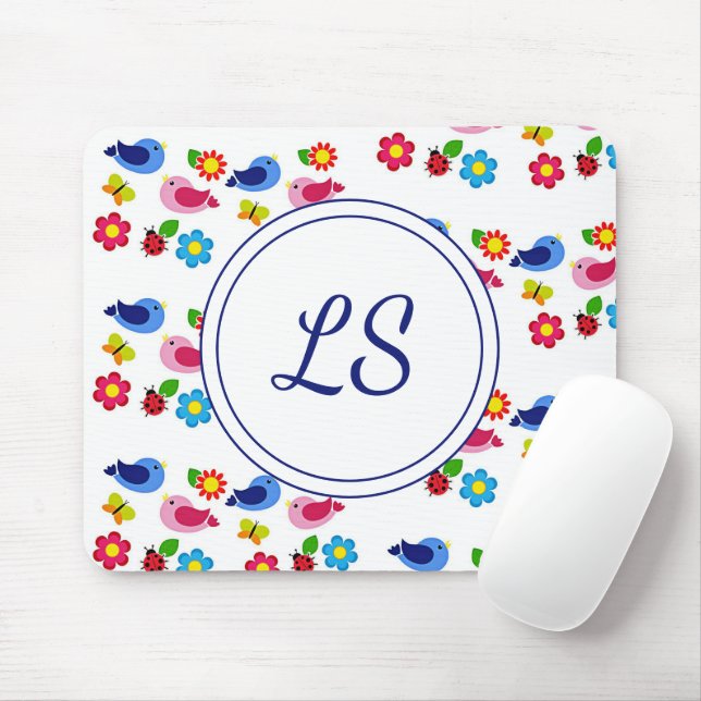 Vögel und Blume Frühjahrsmuster weiß Mousepad (Mit Mouse)