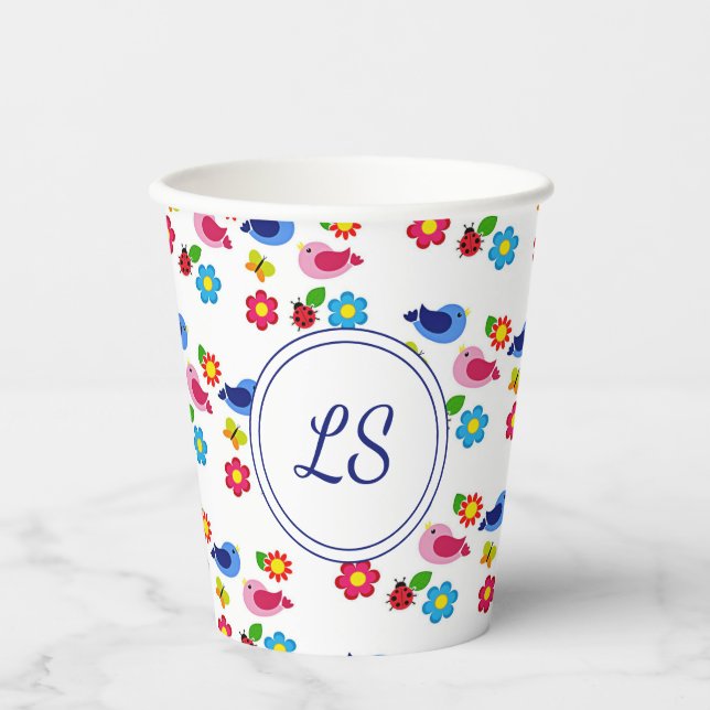Vögel und Blume Frühjahrsmuster weiß Pappbecher (Vorderseite)