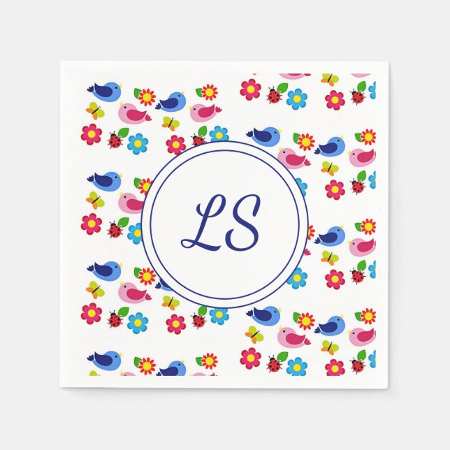 Vögel und Blume Frühjahrsmuster weiß Serviette (Vorderseite)