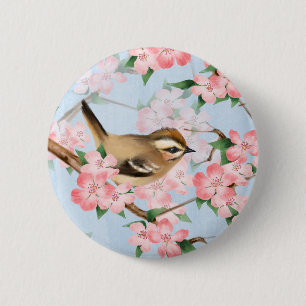 Vögel und Blume. Frühlingsgartenmuster Button