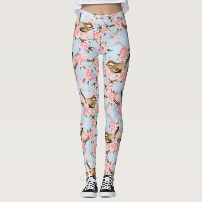 Vögel und Blume. Frühlingsmuster Leggings (Vorderseite)