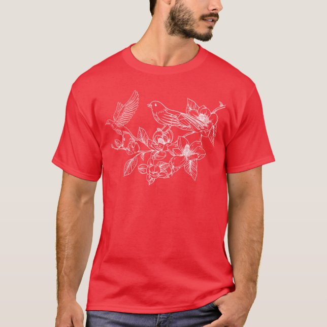 Vögel und Blume Gartenarbeit T-Shirt (Vorderseite)