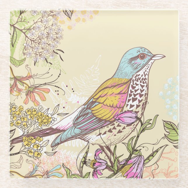 Vögel und Blume Glasuntersetzer (Vorderseite)