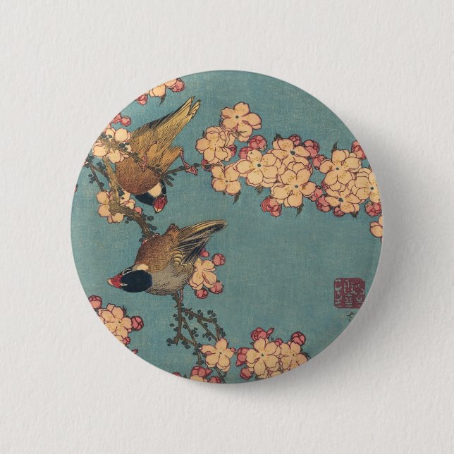 Vögel und Blume Japanisch Art Pink Floral Button (Vorderseite)