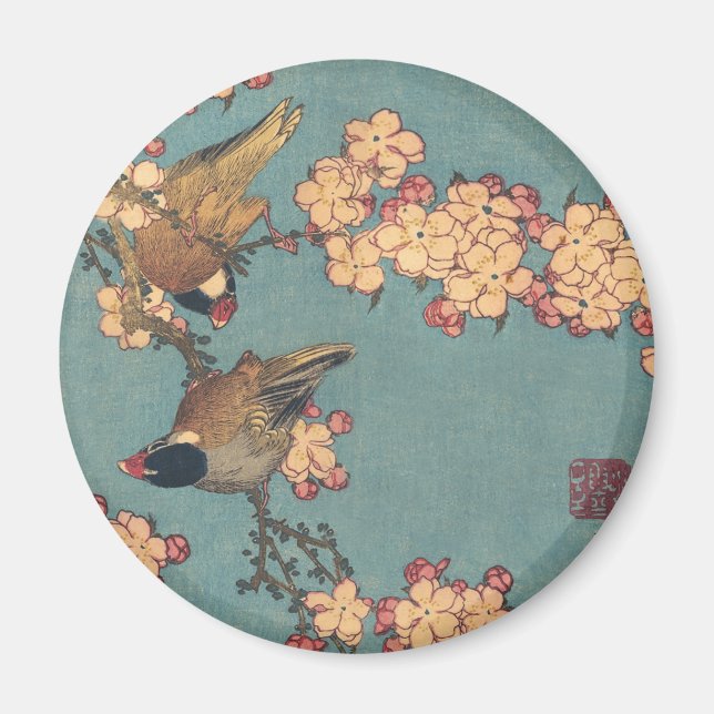 Vögel und Blume Japanisch Art Pink Floral Magnet (Vorne)