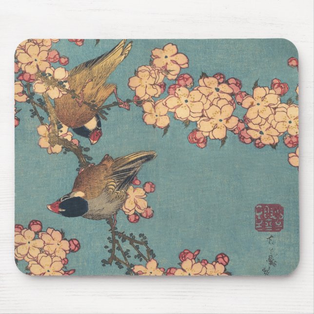 Vögel und Blume Japanisch Art Pink Floral Mousepad (Vorne)
