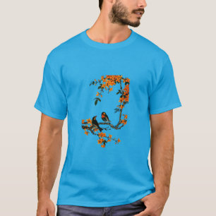 VÖGEL UND BLUME MALEN AQUAMARINEN LÄSSIGEN T - SHI T-Shirt