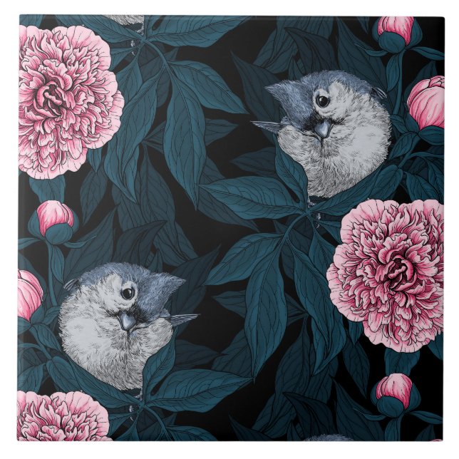 Vögel und Blume mit rosa Birnen und Blätter Fliese (Vorderseite)