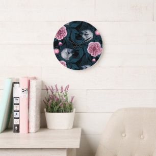 Vögel und Blume mit rosa Birnen und Blätter Große Wanduhr