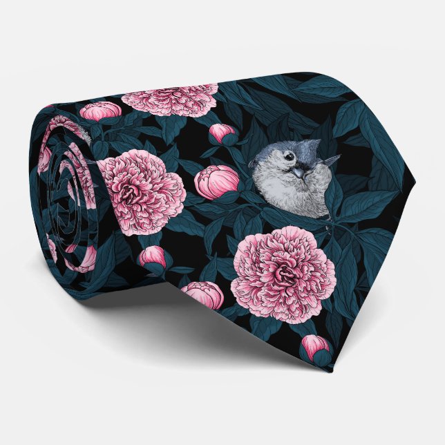 Vögel und Blume mit rosa Birnen und Blätter Krawatte (Gerollt)