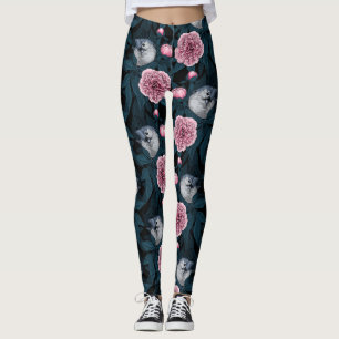 Vögel und Blume mit rosa Birnen und Blätter Leggings
