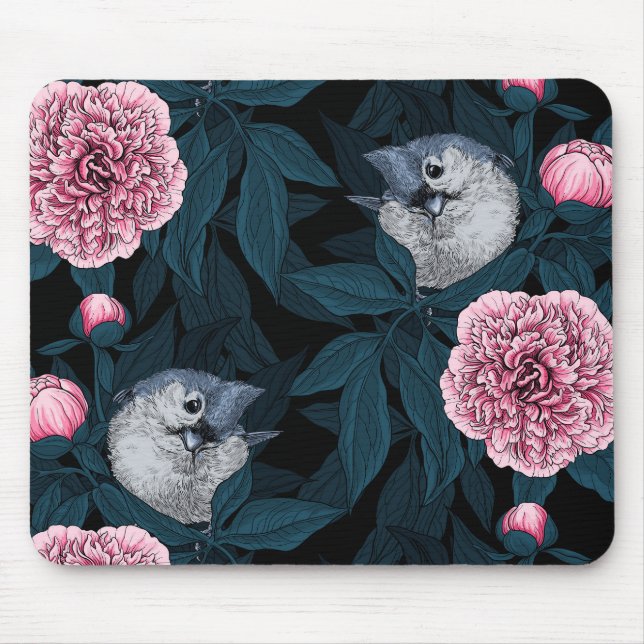 Vögel und Blume mit rosa Birnen und Blätter Mousepad (Vorne)