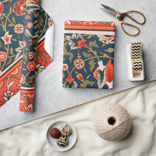 Vogel und Blume Persisches Blaues Muster Geschenkpapier (Kunsthandwerk)