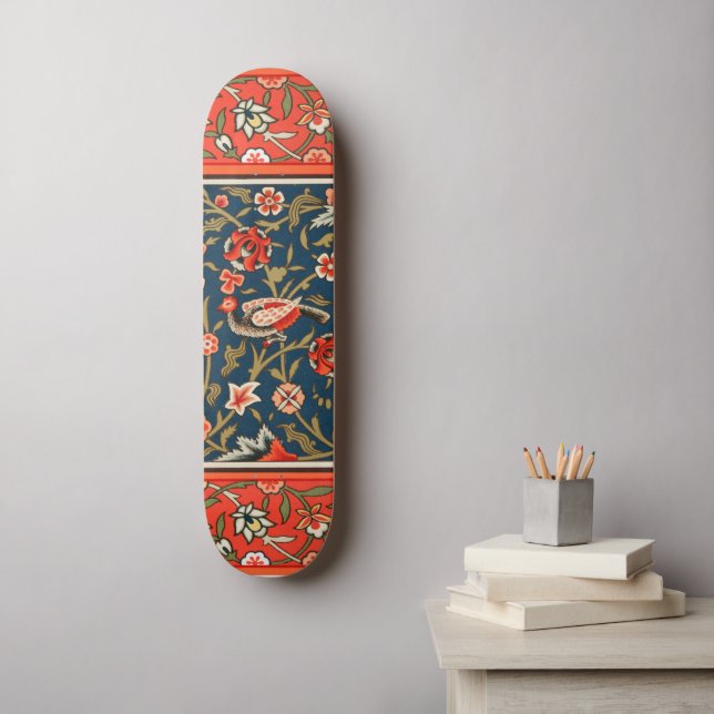 Vogel und Blume Persisches Blaues Muster Skateboard (Wandkunst)