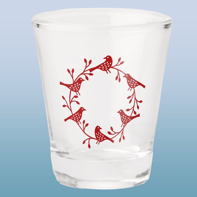 Vogel und Blume - Skandinavien Schnapsglas (Red Scandinavian bird wreath shot glass)