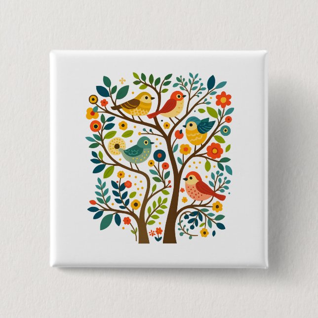 Vögel und Blume Skandinavische Volkskunst Button (Vorderseite)